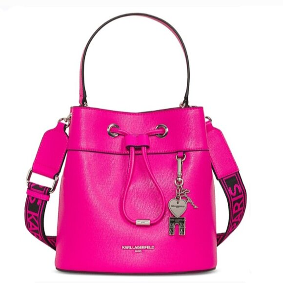 KARL LAGERFELD PARIS 'ADELE' BUCKET STYLE HANDBAG W/ LOGO WEBBING STRAP - Picture 13 of 16